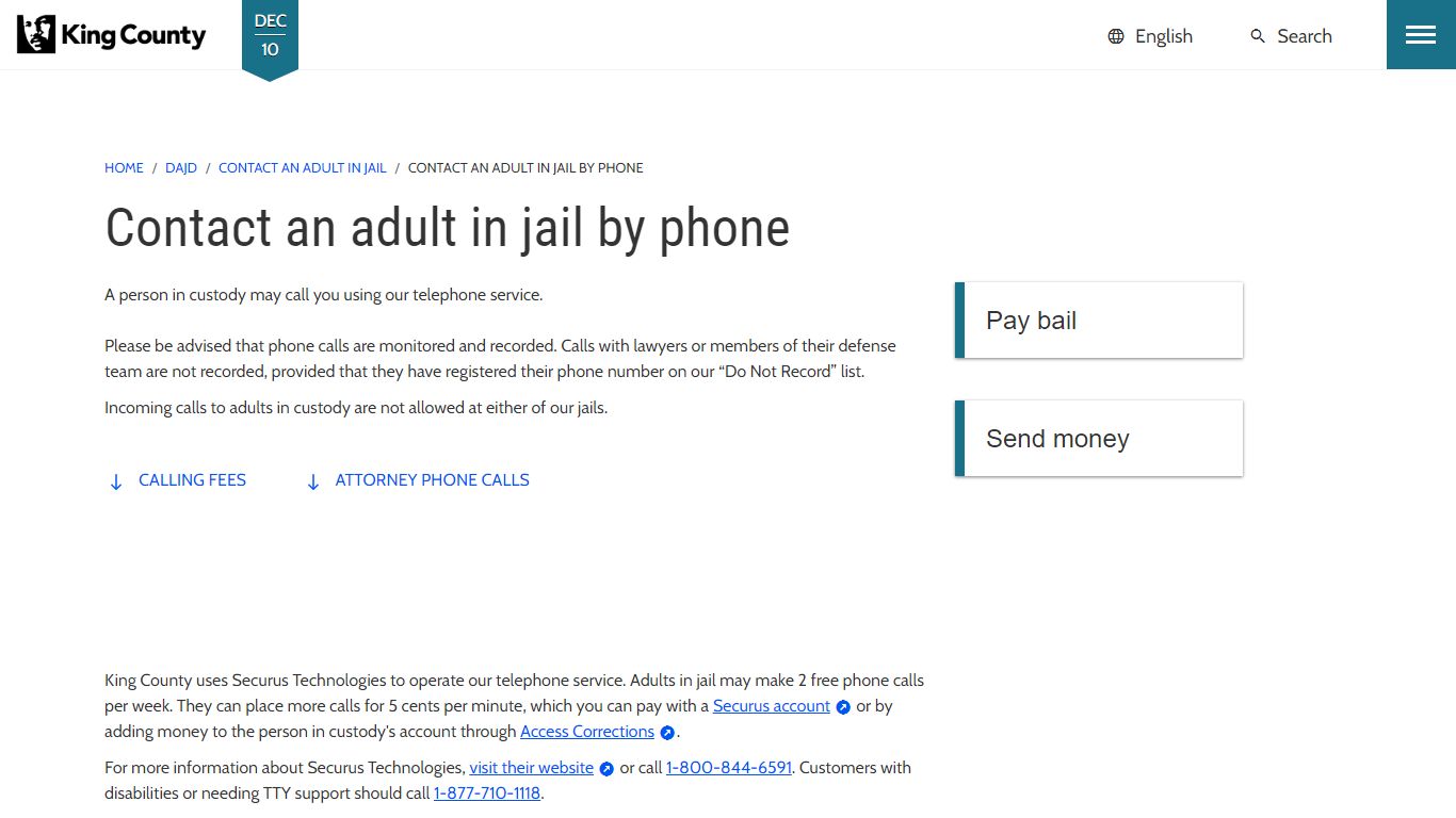 Contact an adult in jail by phone - King County, Washington